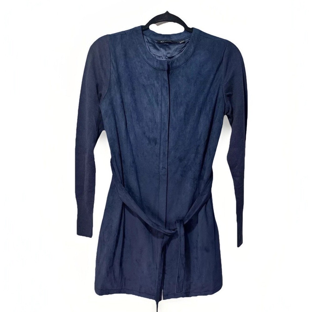 H by Halston Navy Faux Suede Zip-Up Jacket Long Sleeve Knit Arms Women's‎  XS 2
